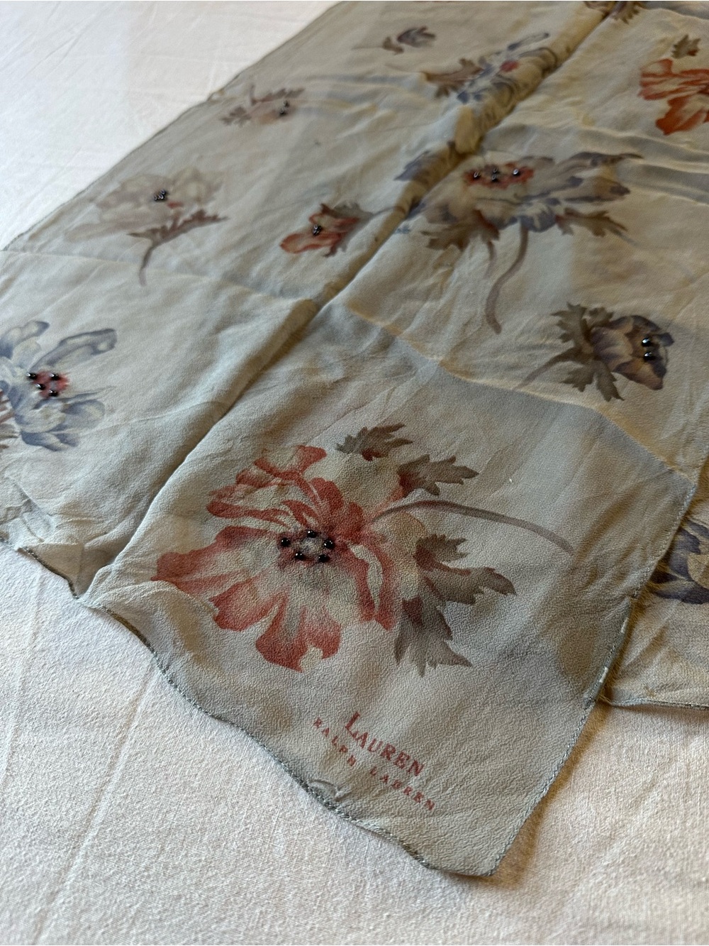 Ralph Lauren Floral Sheer Silk Scarf in Light Gray with Soft Pink Blooms